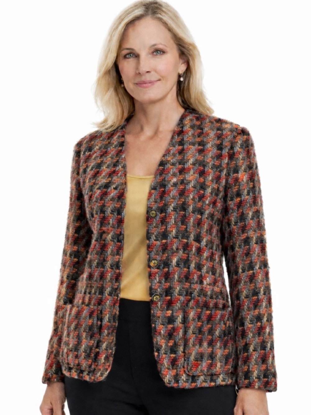 Alexon Tweed Wool Blazer Black Red Orange Textured Jacket EU38 US10